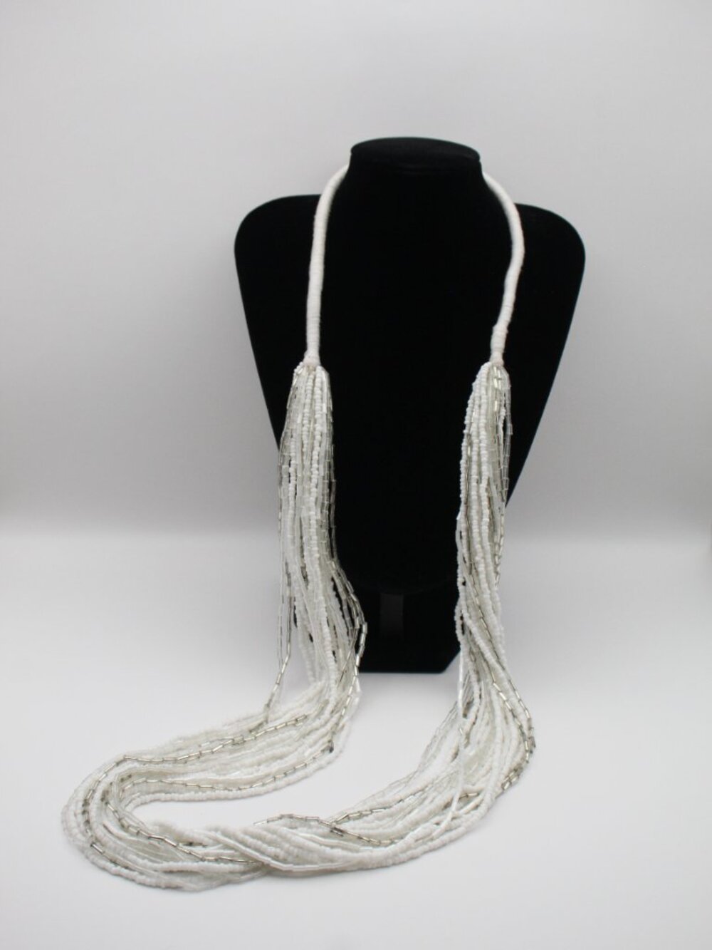 Vintage White and Silver Multi-Strand Boho Beaded Necklace